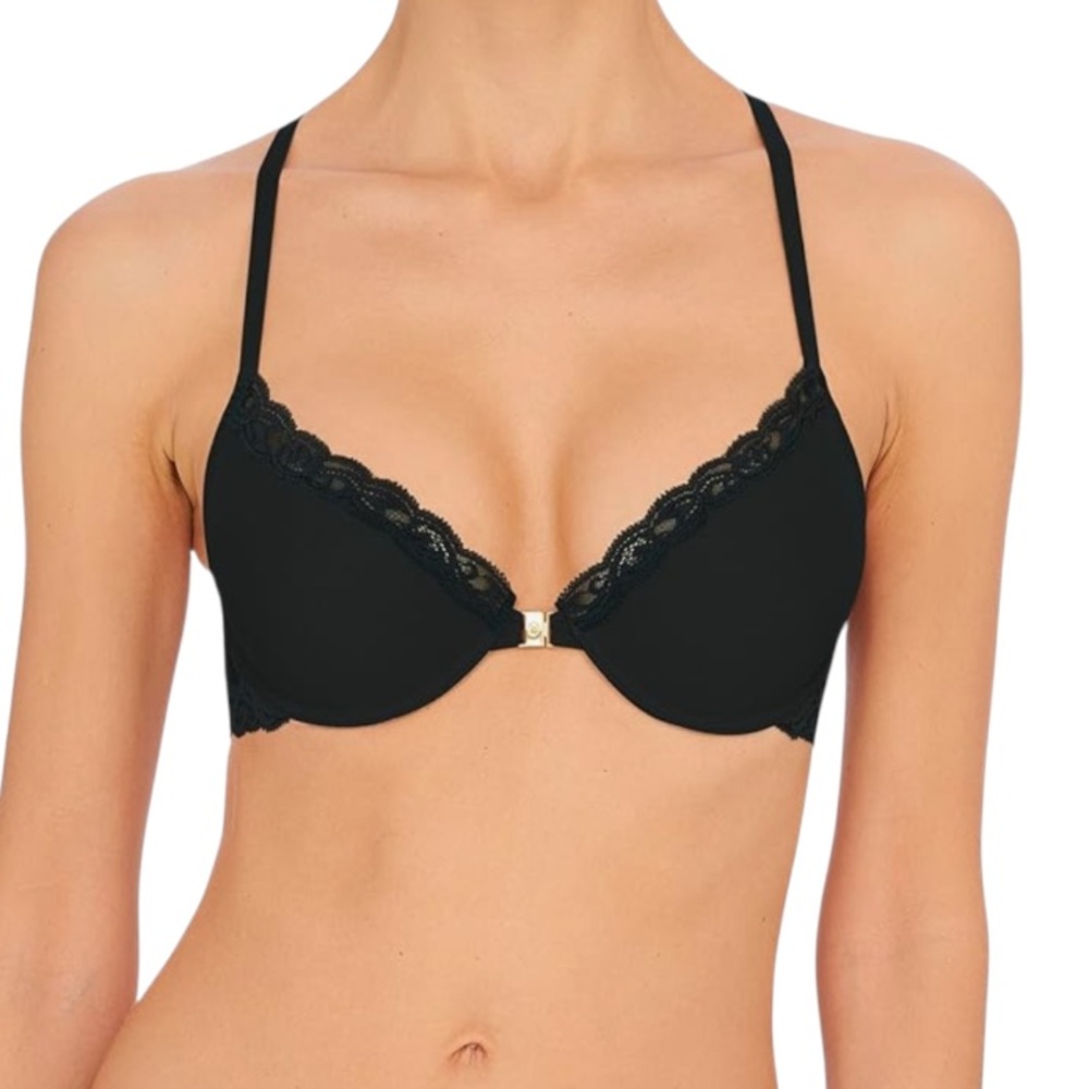 Natori Bra Feathers Front Close Racerback T-Back Black Lace Accents Size 34DDD